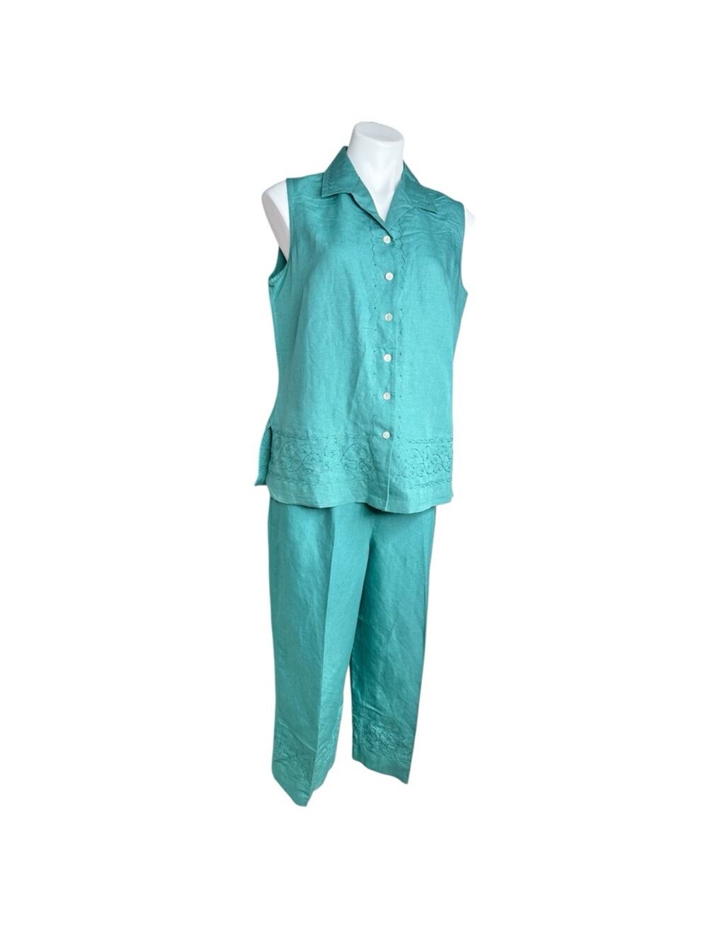 Vintage Y2K Linen Blend 2pc Pant Set Laura Scott Teal Embroidered Beaded 14P